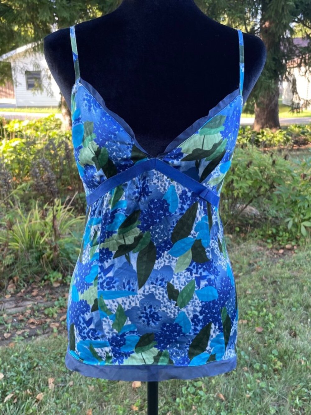 Vintage Y2K Flavio Castellani Babydoll Cami Blue Floral V Neck Italian Silk